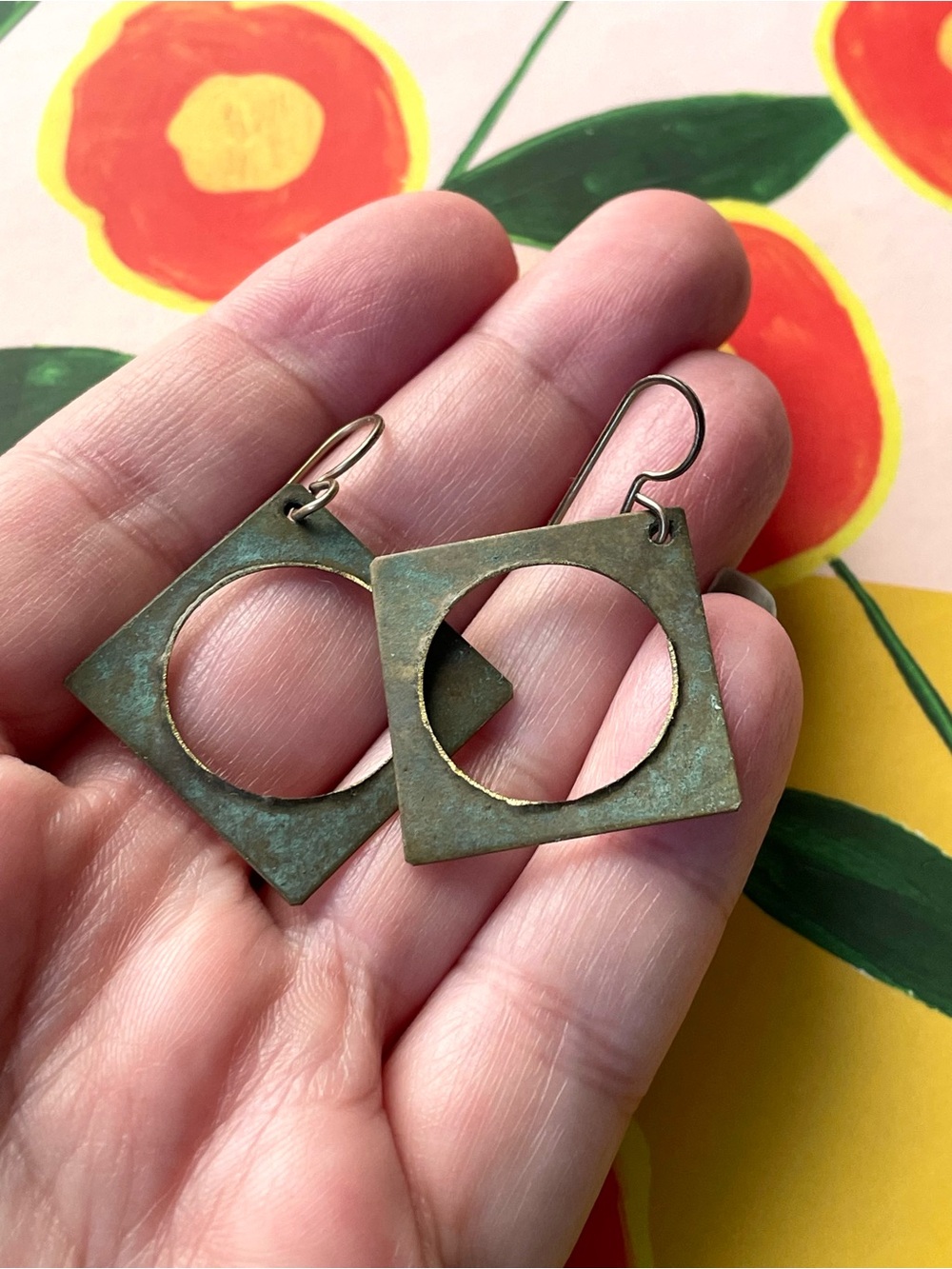 Vintage Modernist style patinated brass square dangle earrings w/ round cutout